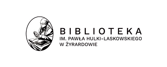 Logo czarne na białym tle, wizerunek szpularki i napis Biblioteka im. Pawła Hulki Laskowskiego w Żyrardowie